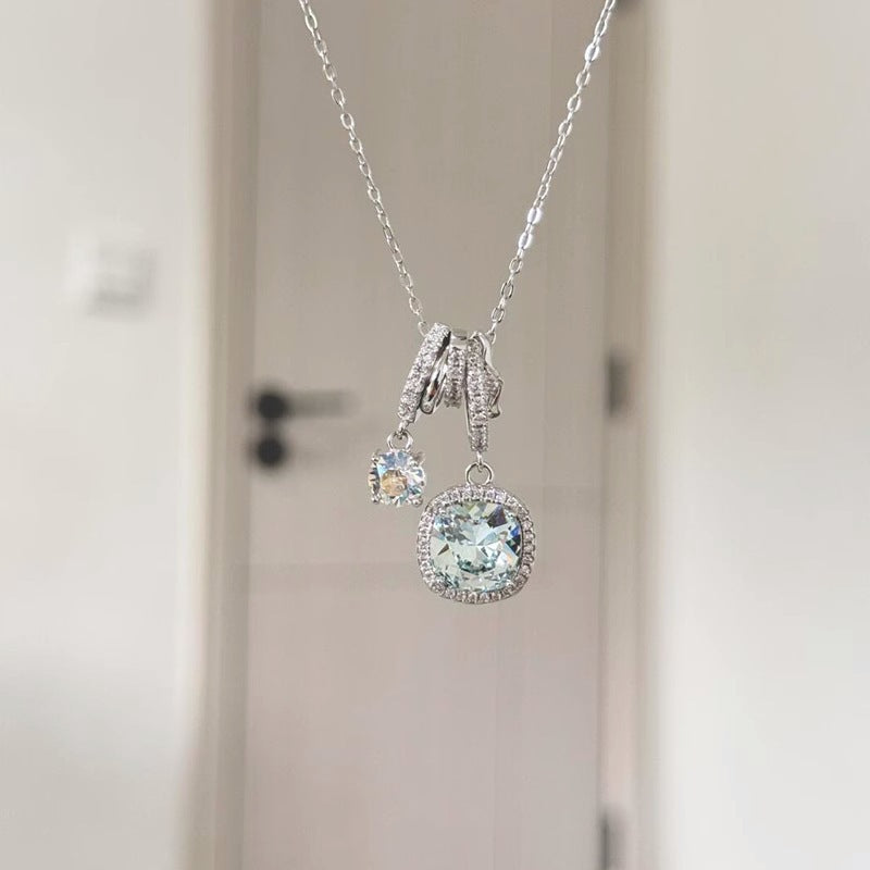S925 Pure Silver Ice-clear Sea Blue Square Zircon Necklace