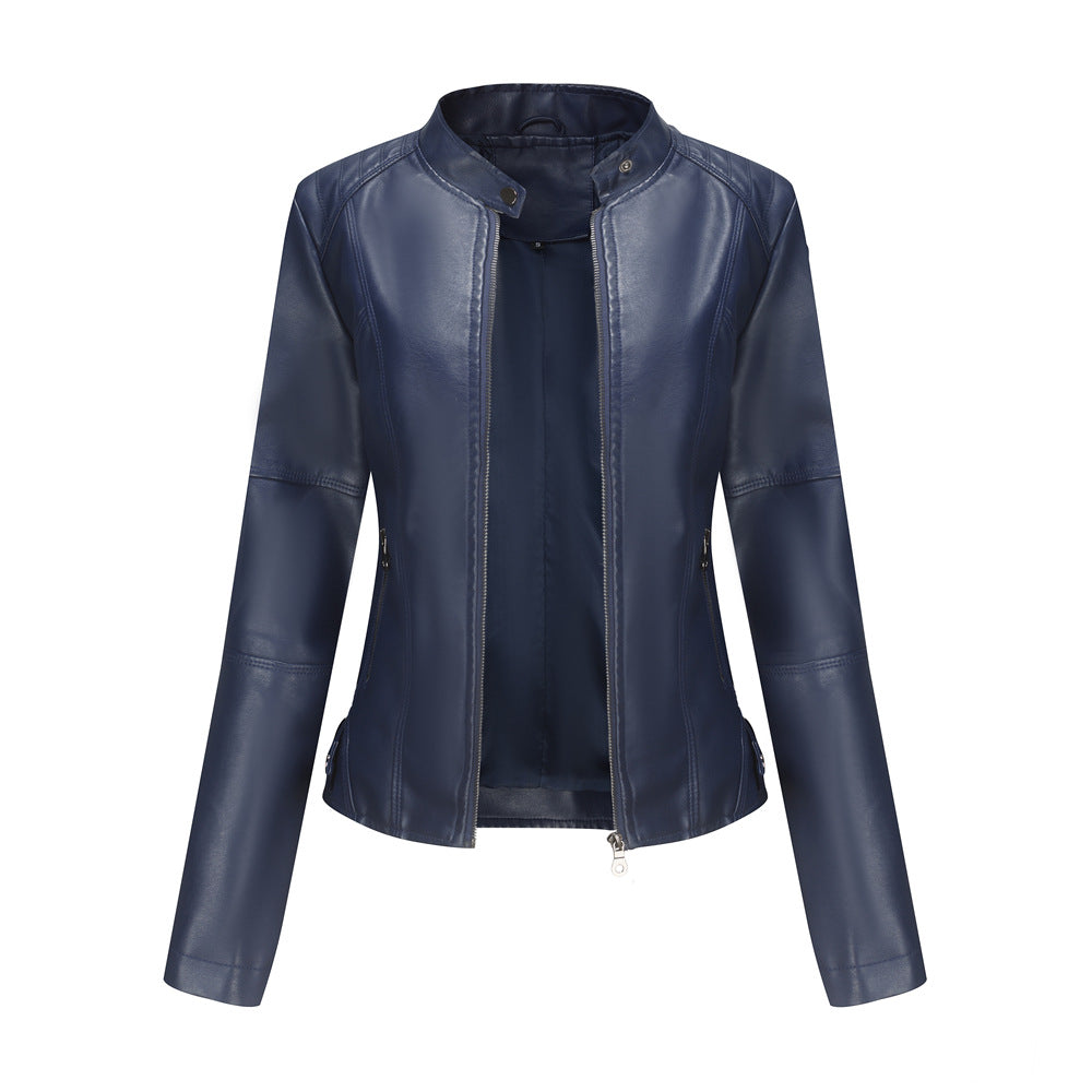 Women's Zip-up Leather Jackets Fashion Solid Color Pockets Stand Collar Top Outwear Clothing