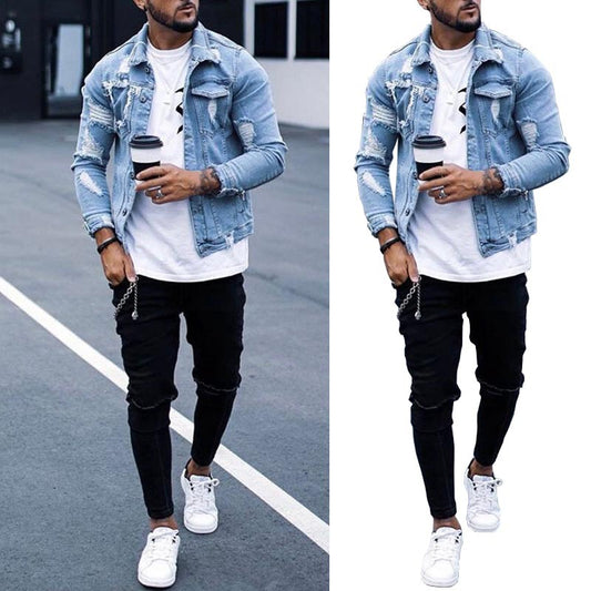 Lapel Men's Denim Jacket Ripped Irregular Washed Jacket - Easy Shop