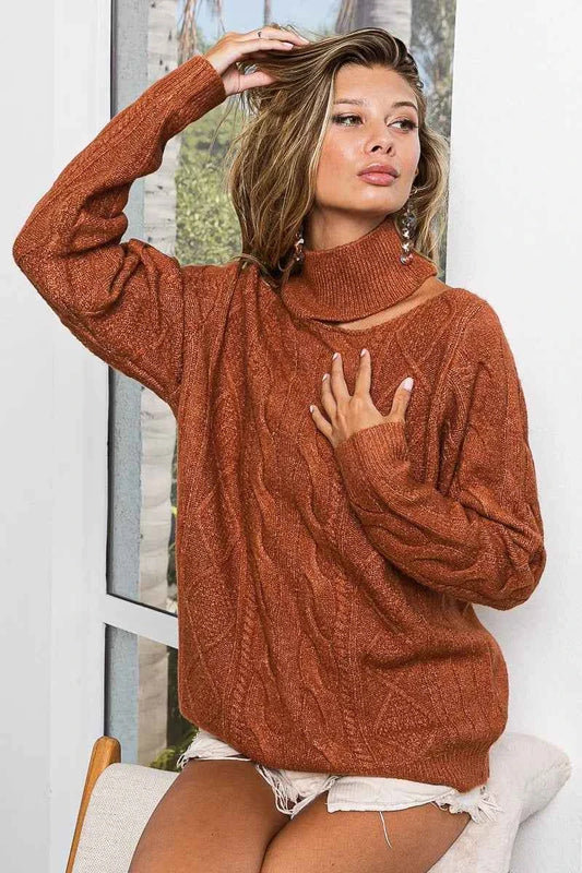 BiBi Twist Knitted Mock Neck Sweater Open One Shoulder
