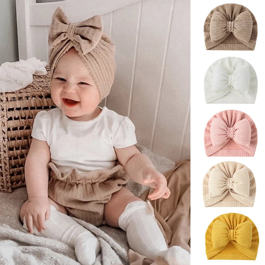 Cute Bowknot Baby Turban Hat Soft Newborn Baby Girls Indian Cap Solid Color Infant Boys Cap Beanies Headwrap - Easy Shop