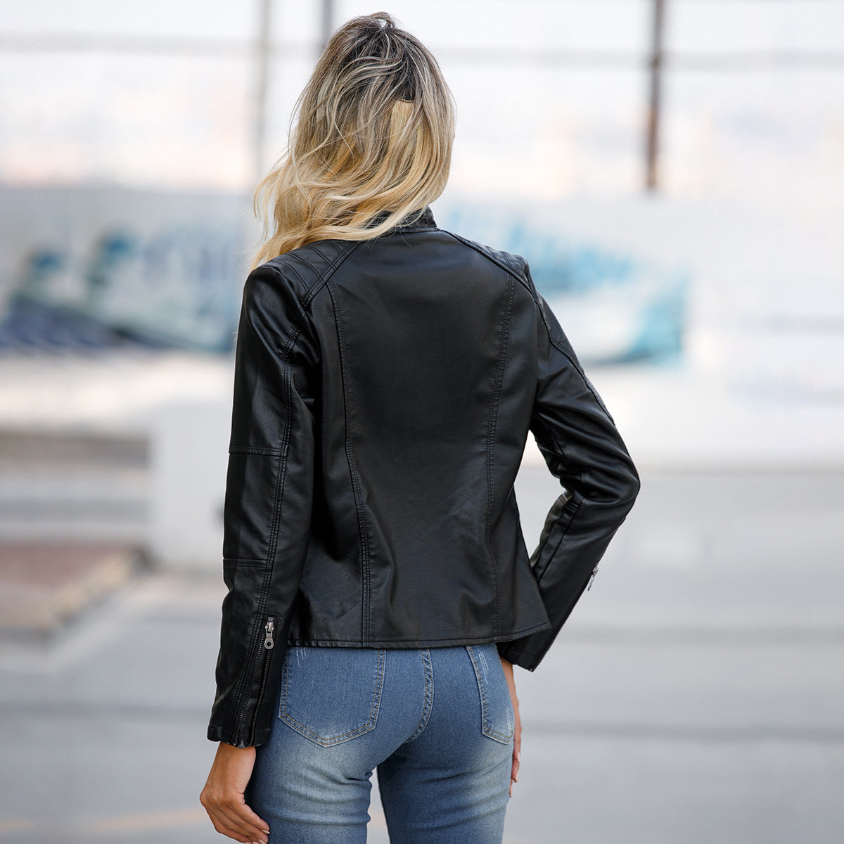 Women's Zip-up Leather Jackets Fashion Solid Color Pockets Stand Collar Top Outwear Clothing